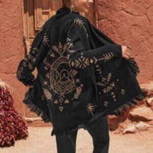 Johnny Was Wool Cashmere Aztec Fringe Cardigan Sweater Size Small Black